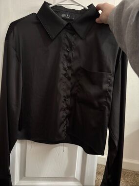 AKIRA Black Satin Long-Sleeve Button Down Shirt
